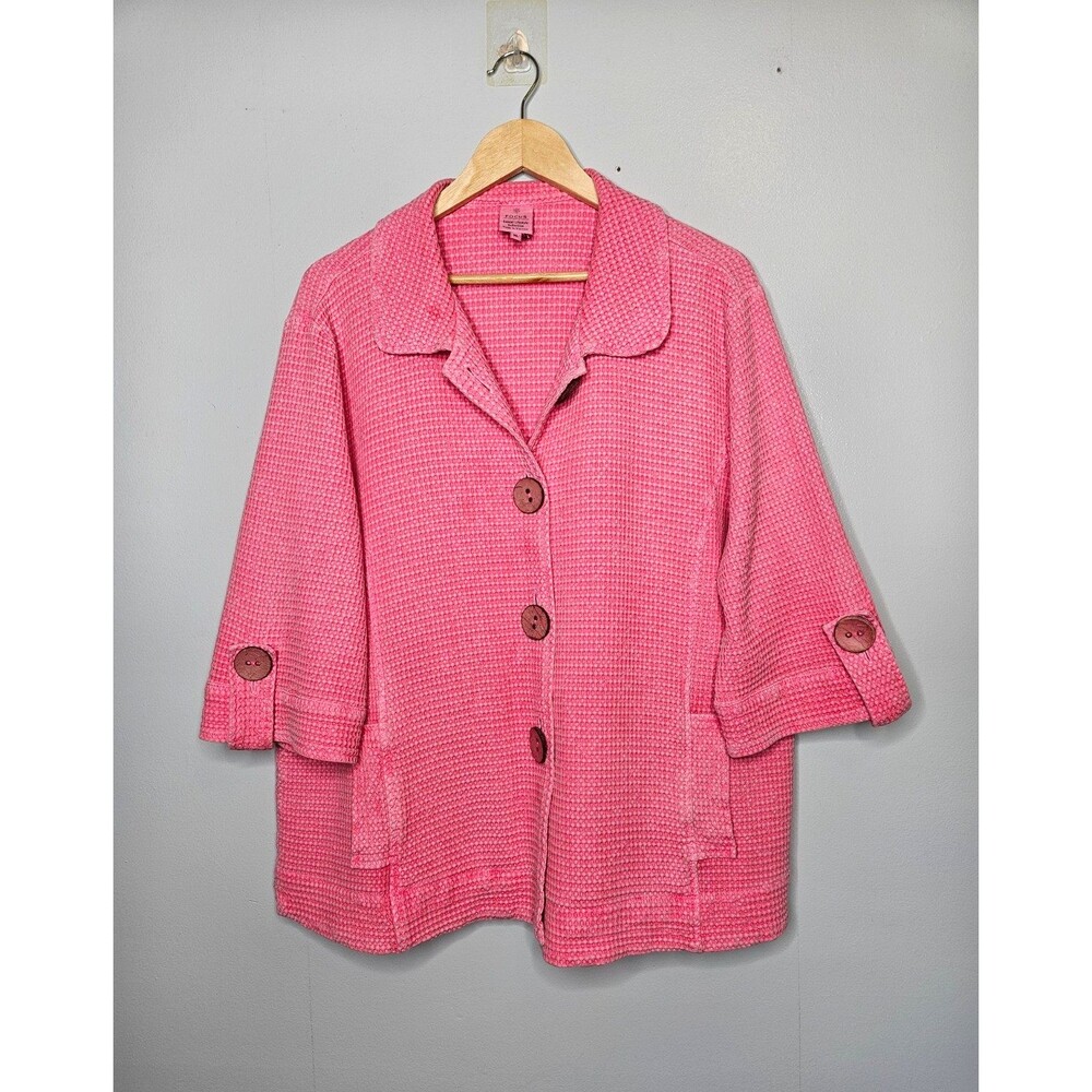 FOCUS Casual Life Size XL Pink Waffle Knit Cardigan Jacket 3/4 Sleeve Lagenlook